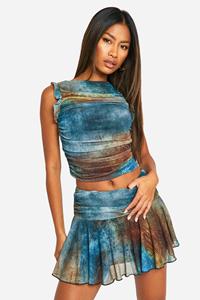 Boohoo Mesh Smudge Print Ruched Frill Shoulder Crop Top, Blue