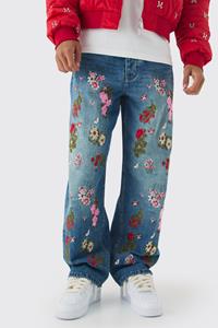 Boohoo Baggy Fit Rigid Floral Embroidered Jeans, Vintage Blue