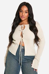 Boohoo Plus Tie Front Fitted Cardigan, Stone