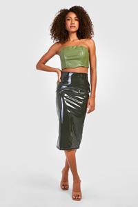 Boohoo Tall Vinylen Midi Rok, Khaki