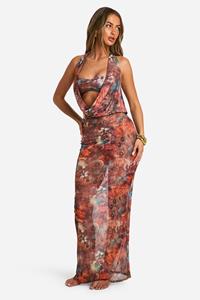 Boohoo Vlinder Maxi Strand Jurk Met Waterval Hals, Brown