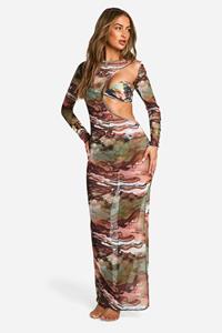 Boohoo Marble Mesh Maxi Beach Dress, Khaki