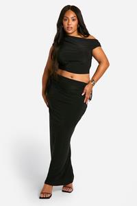 Boohoo Plus Dubbele Strakke Asymmetrische Top En Rok Set, Black