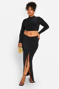 Boohoo Plus Strakke Top Met Lange Mouwen En Geplooide Rok Set, Black