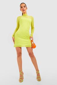 Boohoo Basic Mesh Mini Jurk Met Hoge Hals, Chartreuse