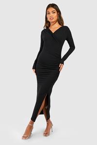 Boohoo Asymmetrische Katoenen Midi Jurk Met Ruches, Black