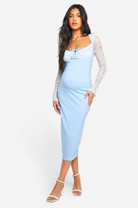 Boohoo Zwangerschap Bengaline Midaxi Bodycon Jurk Met Kanten Mouwen, Light Blue