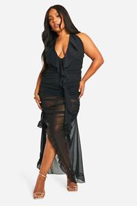 Boohoo Plus Mesh Maxi Jurk Met Ruches, Black