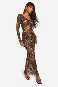 Boohoo Geplooide Mesh Luipaardprint Maxi Jurk Met Knopen, Leopard