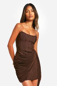 Boohoo Strakke Premium Power Mesh Korset Jurk, Chocolate