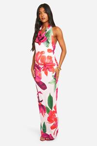 Boohoo Zwangerschap Strakke Bloemen Maxi Jurk Met Halter Neck En Losse Col, Pink