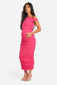 Boohoo Zwangerschap Geplooide Mesh Midaxi Jurk Met Asymmetrische Hals, Hot Pink