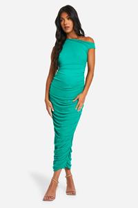 Boohoo Zwangerschap Geplooide Mesh Midaxi Jurk Met Asymmetrische Hals, Bright Green