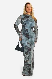 Boohoo Plus Blauwe Mesh Bloemen Maxi Jurk Met Laag Uitgesneden Rug, Green