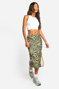 Boohoo Zebra Print Rib Side Split Midi Skirt, Lemon