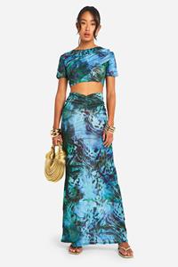 Boohoo Printed Ruched Detail Maxi Skirt, Blue