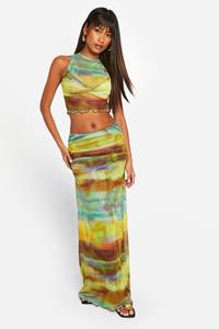 Boohoo Mesh Maxi Rok Met Print En Ruches, Yellow