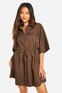 Boohoo Linen Utility Skater Shirt Dress, Chocolate