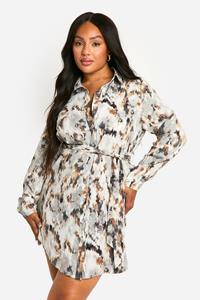 Boohoo Plus Marble Printed Tie Belt Shirt Dress, Grey