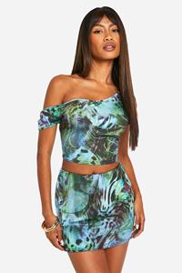 Boohoo Strak Mid Rise Tropisch Mini Rokje Met Print, Blue