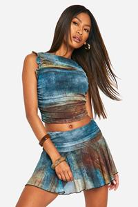 Boohoo Foldover Mesh Smudge Print Mini Skirt, Blue