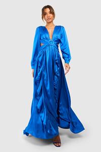 Boohoo Satijnen Maxi Jurk Met Ruches En Laag Decolleté, Cobalt