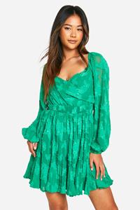 Boohoo Textured Ballon Sleeve Tie Back Skater, Green