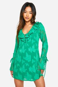 Boohoo Skater Jurk Met Textuur En Wijde Mouwen, Green