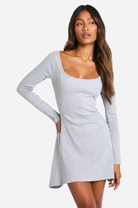 Boohoo Basic Geribbelde Skater Jurk Met Lange Mouwen, Grey Marl