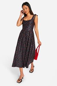 Boohoo Cherry Print Tie Shoulder Bengaline Milkmaid Midaxi Dress, Black