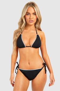 Boohoo Geribbelde Driehoekige Bikini Set Met Contrasterende Zoom, Black