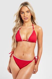 Boohoo Geribbelde Driehoekige Bikini Set Met Contrasterende Zoom, Red