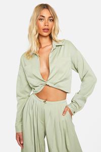 Boohoo Baggy Gedraaide Linnen Look Blouse, Sage