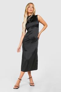 Boohoo Satijnen Midaxi Jurk Met Hoge Hals En Kapmouwen, Black