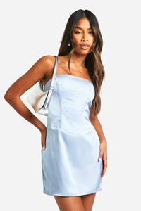 Boohoo Satijnen Mini Jurk Met Steentjes En Korset Detail, Blue