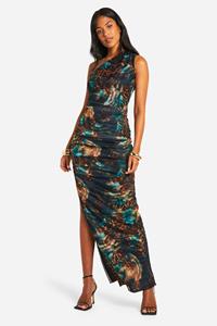 Boohoo Tall Geplooide Asymmetrische Dierenprint Maxi Jurk, Animal