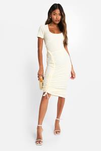 Boohoo Geplooide Midaxi Jurk Met Textuur, Cream