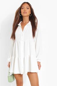 Boohoo Gesmokte Blouse Jurk Met Laagjes, Ivory