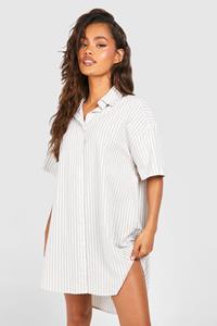 Boohoo Oversized Gestreepte Blouse Jurk Met Korte Mouwen, Stone