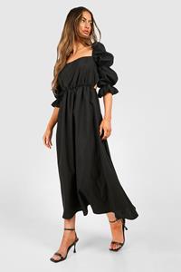 Boohoo Poplin Midaxi Jurk Met Pofmouwen, Black