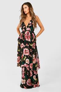 Boohoo Bloemen Maxi Jurk Met Laagjes En Ruches, Black