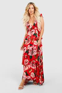 Boohoo Bloemen Maxi Jurk Met Laagjes En Ruches, Red