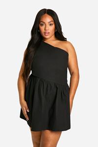 Boohoo Plus Skater Jurk Met Eén Blote Schouder En Uitsnijding, Black