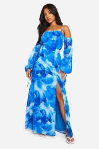 Boohoo Petite Bloemenprint Maxi Jurk Met Uitgesneden Schouders, Cobalt