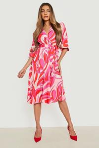 Boohoo Abstracte Midi Wikkel Jurk Met Ceintuur, Pink