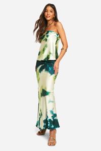 Boohoo Tie Dye Satin Longline Bandeau & Maxi Skirt, Green