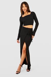 Boohoo Gekreukelde Geribbelde Maxi Wikkelrok, Black