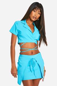 Boohoo Super Stretch Wrap Front Skort, Azure