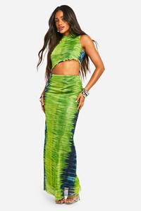 Boohoo Asymmetric Printed Mesh Maxi Skirt, Green