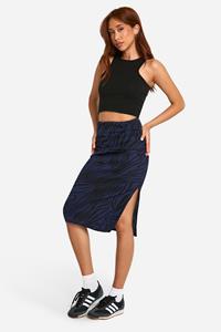 Boohoo Zebra Print Rib Side Split Midi Skirt, Navy